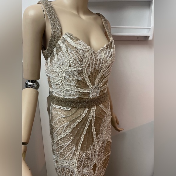 badgley mischka silver dress Long Sleeve Sequin Belted Midi Dress by Badgley Mischka